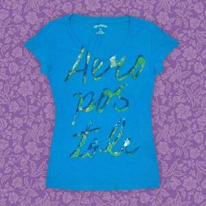 2000s Aeropostale Teal Y2k V-Neck Graphic Baby Tee | Size L